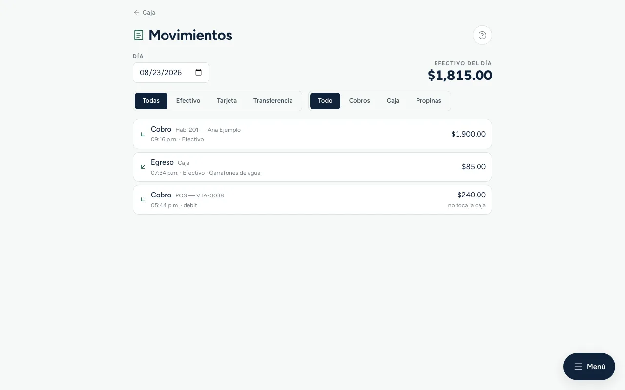 La pantalla de movimientos de caja de INNKEY: el dinero del día en renglones, con filtros por forma de pago y tipo de movimiento, y el total de efectivo arriba