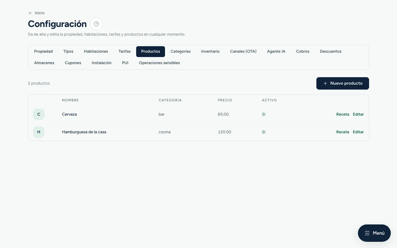 La pantalla de Configuración de INNKEY con sus dieciséis pestañas —Propiedad, Tipos, Habitaciones, Tarifas, Productos, Categorías, Inventario, Canales, Agente IA, Cobros, Descuentos, Almacenes, Cupones, Instalación, PUI y Operaciones sensibles— y el catálogo de productos abierto