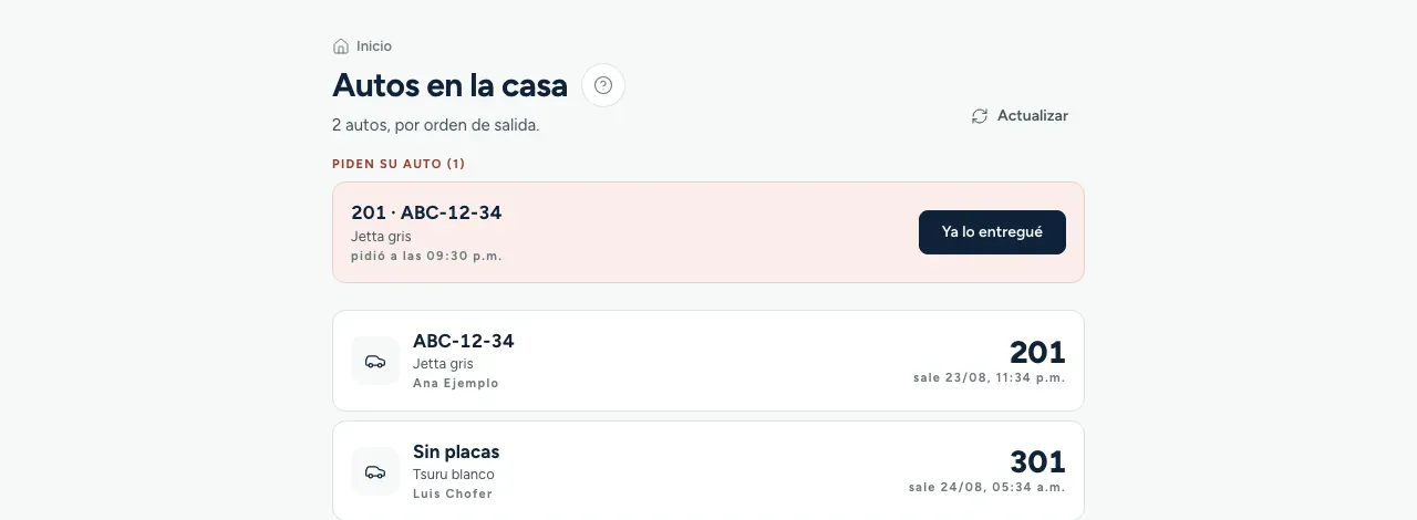 La pantalla del valet en INNKEY: «Autos en la casa», con la cola «Piden su auto» arriba y su botón «Ya lo entregué», y debajo cada coche con su placa, modelo, conductor, habitación y hora de salida